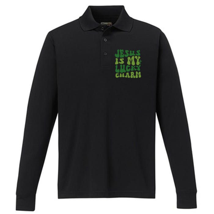 Jesus Is My Lucky Charm Groovy Christian St Patricks Day Performance Long Sleeve Polo