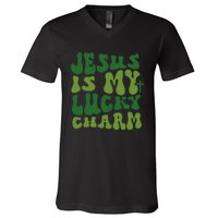 Jesus Is My Lucky Charm Groovy Christian St Patricks Day V-Neck T-Shirt