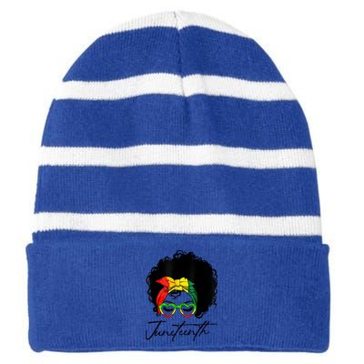 Juneteenth Is My Independence Day Black Messy Bun Funny Gift Striped Beanie with Solid Band