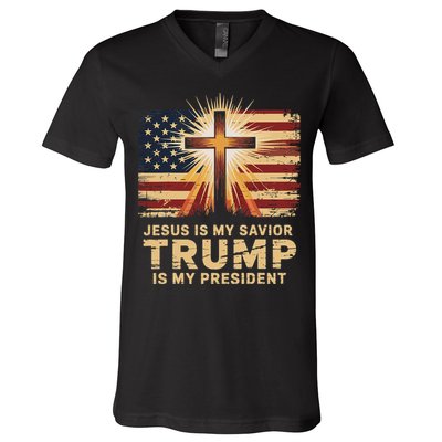 Jesus Is My Savior Trump Is My President Biblical V-Neck T-Shirt