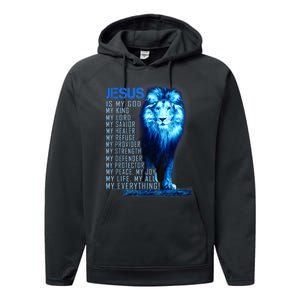 Jesus Is My God King My Lord My Savior Blue Lion Christian Performance Fleece Hoodie