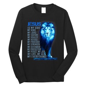 Jesus Is My God King My Lord My Savior Blue Lion Christian Long Sleeve Shirt