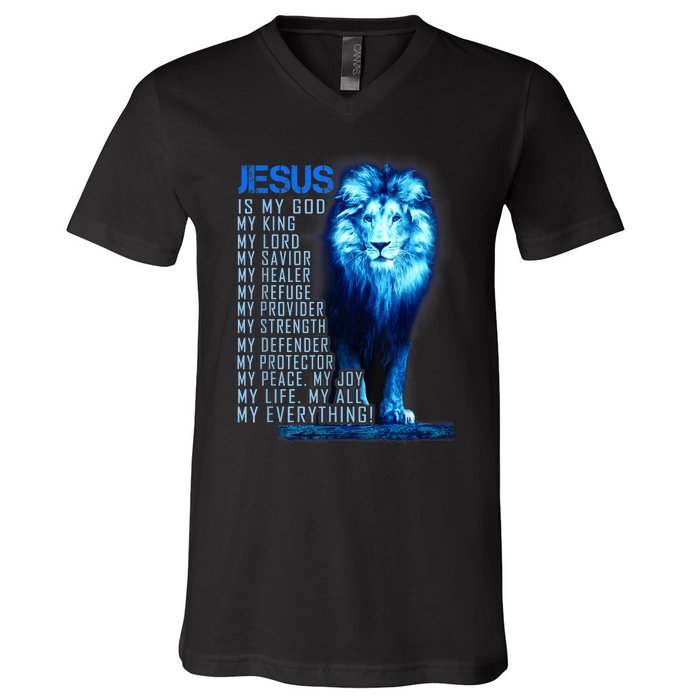 Jesus Is My God King My Lord My Savior Blue Lion Christian V-Neck T-Shirt