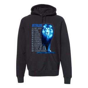 Jesus Is My God King My Lord My Savior Blue Lion Christian Premium Hoodie