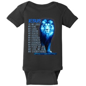 Jesus Is My God King My Lord My Savior Blue Lion Christian Baby Bodysuit