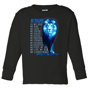 Jesus Is My God King My Lord My Savior Blue Lion Christian Toddler Long Sleeve Shirt