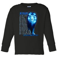 Jesus Is My God King My Lord My Savior Blue Lion Christian Toddler Long Sleeve Shirt