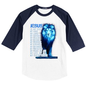 Jesus Is My God King My Lord My Savior Blue Lion Christian Baseball Sleeve Shirt