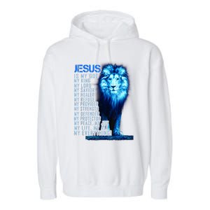 Jesus Is My God King My Lord My Savior Blue Lion Christian Garment-Dyed Fleece Hoodie