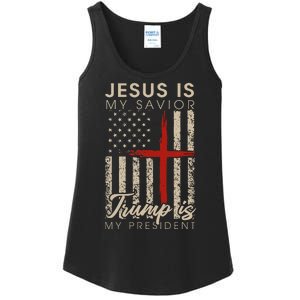 Jesus Is My Savior Trump Is My President 2024 Usa Flag Cross Ladies Essential Tank