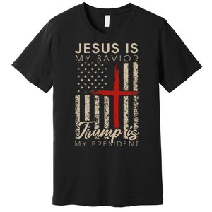 Jesus Is My Savior Trump Is My President 2024 Usa Flag Cross Premium T-Shirt