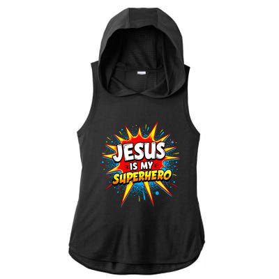 Jesus Is My Superhero Christian Ladies PosiCharge Tri-Blend Wicking Draft Hoodie Tank