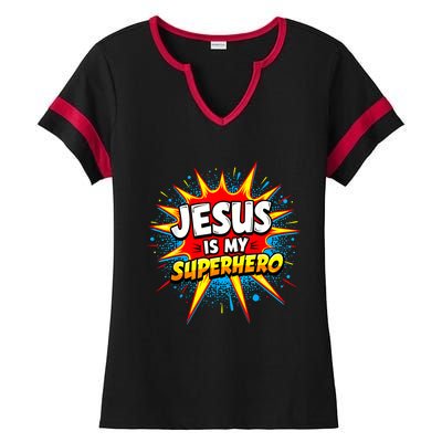 Jesus Is My Superhero Christian Ladies Halftime Notch Neck Tee