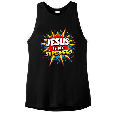 Jesus Is My Superhero Christian Ladies PosiCharge Tri-Blend Wicking Tank