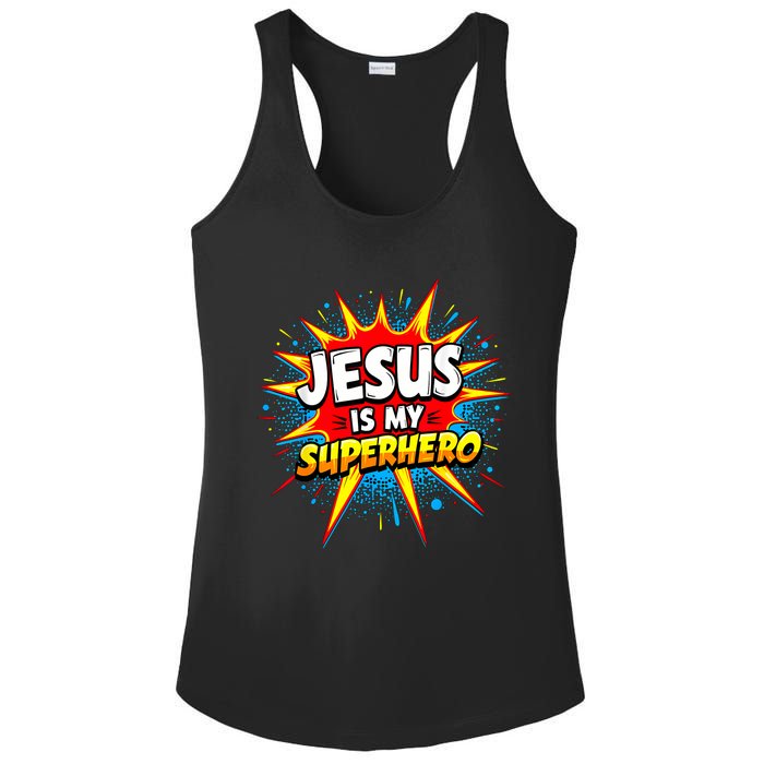 Jesus Is My Superhero Christian Ladies PosiCharge Competitor Racerback Tank