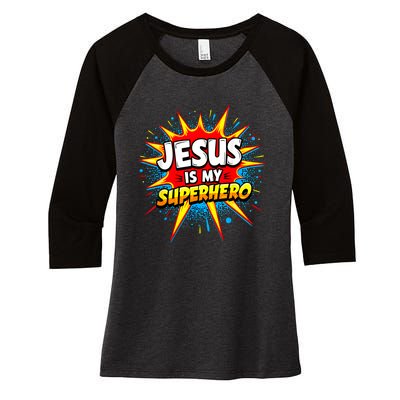 Jesus Is My Superhero Christian Women's Tri-Blend 3/4-Sleeve Raglan Shirt