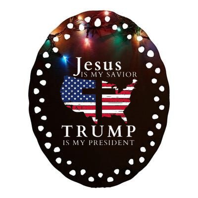 Jesus Is My Savior Trump Is My President Usa Flag And Cross Ceramic Oval Ornament