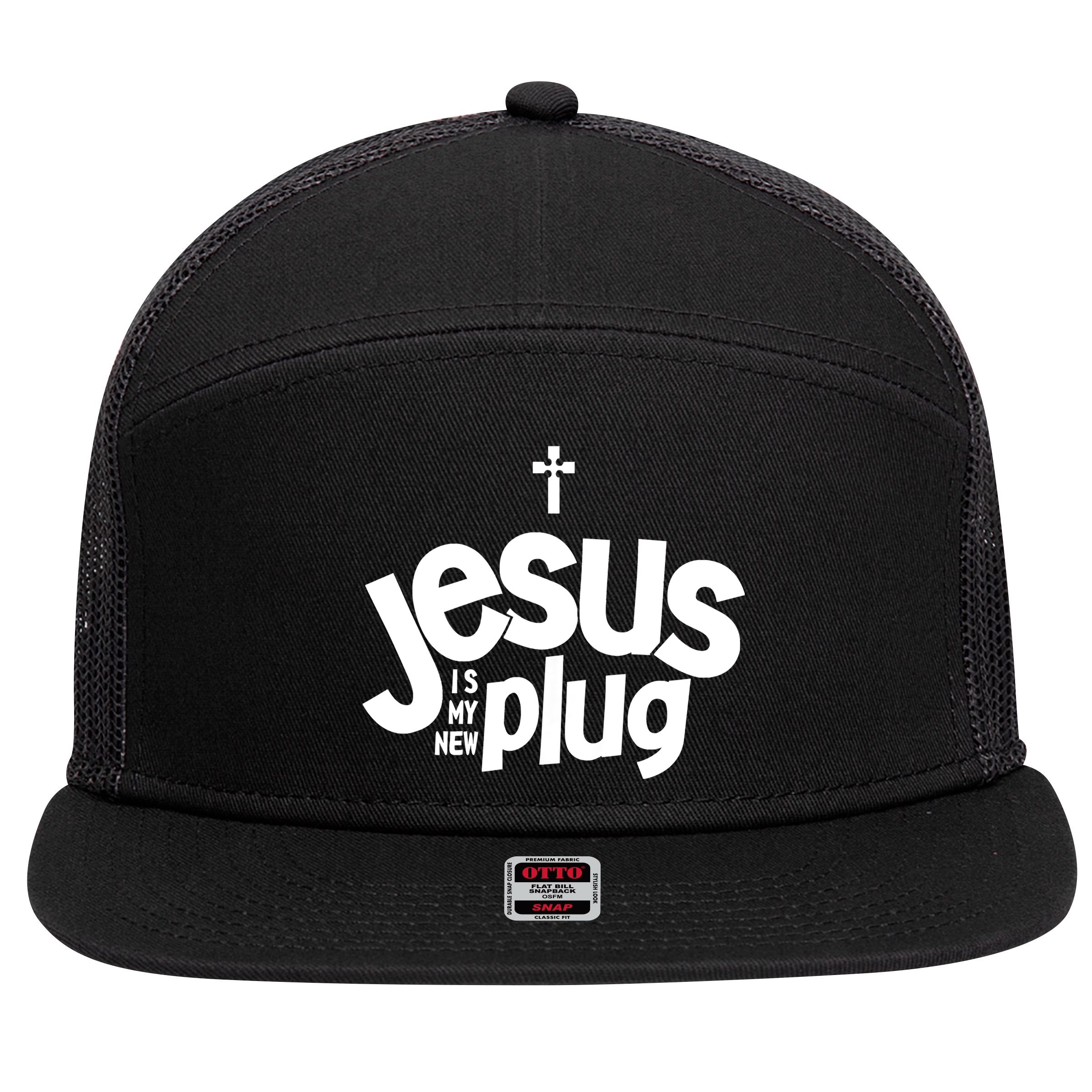 Jesus Is My New Plug Funny Christian Convert 7 Panel Mesh Trucker Snapback Hat