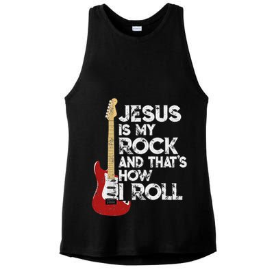 Jesus Is My Rock And That Is How I Roll Guitar Christian Ladies PosiCharge Tri-Blend Wicking Tank