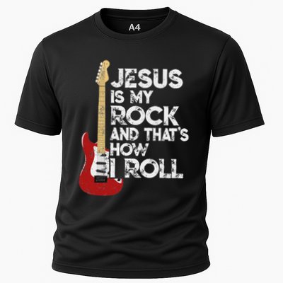 Jesus Is My Rock And That Is How I Roll Guitar Christian Cooling Performance Crew T-Shirt