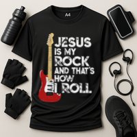 Jesus Is My Rock And That Is How I Roll Guitar Christian Cooling Performance Crew T-Shirt
