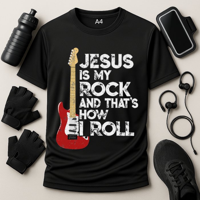 Jesus Is My Rock And That Is How I Roll Guitar Christian Cooling Performance Crew T-Shirt