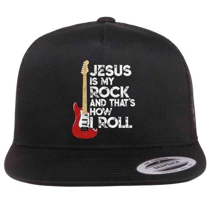 Jesus Is My Rock And That Is How I Roll Guitar Christian Flat Bill Trucker Hat
