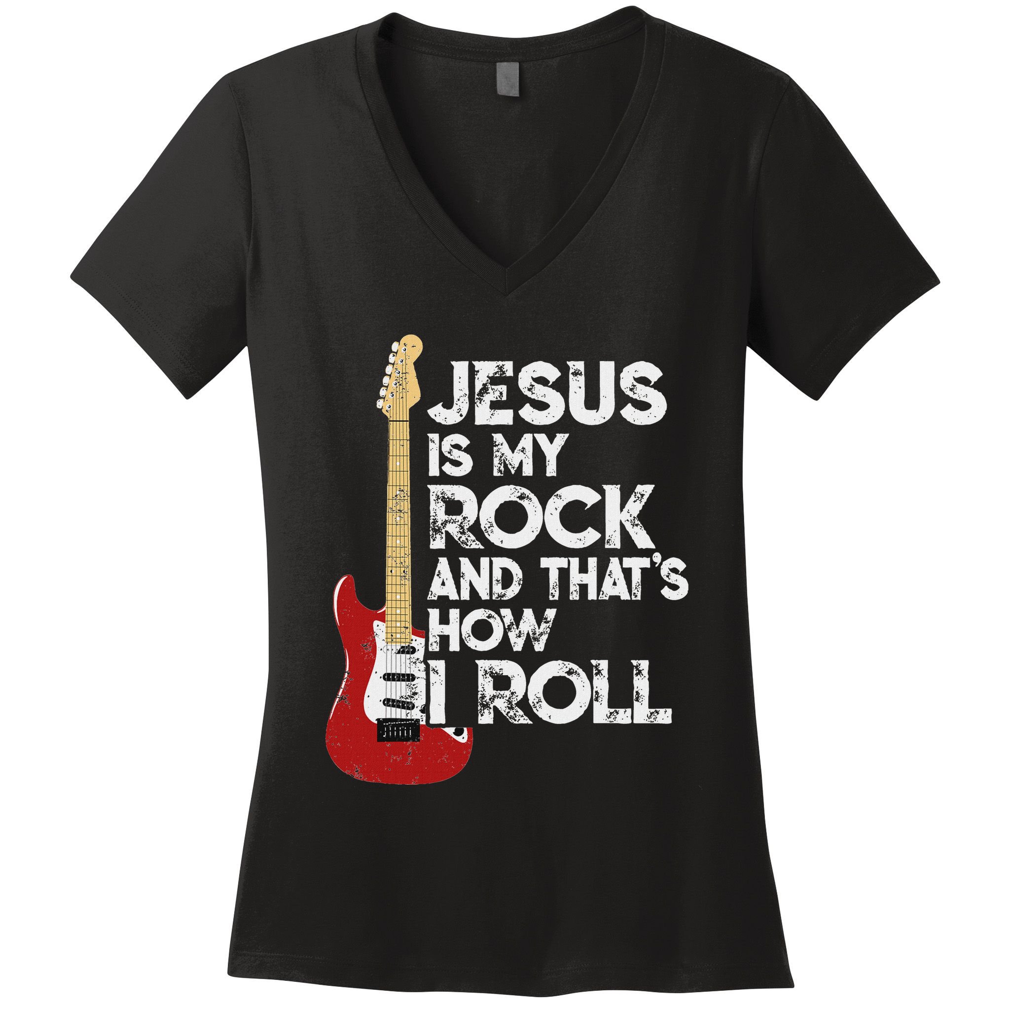 Jesus Is My Rock And That Is How I Roll Guitar Christian Women's V-Neck T-Shirt