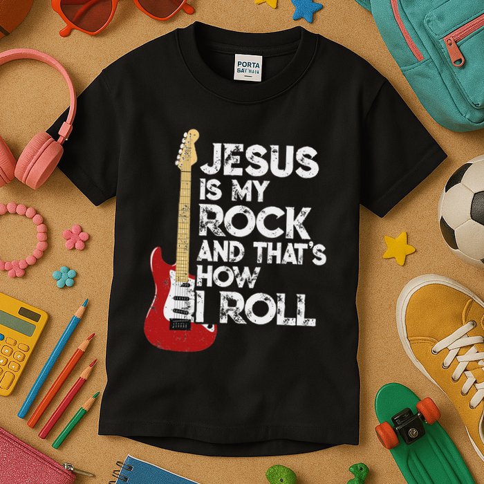 Jesus Is My Rock And That Is How I Roll Guitar Christian Kids T-Shirt