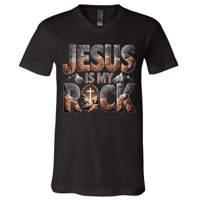 Jesus Is My Rock Biblical Faith V-Neck T-Shirt