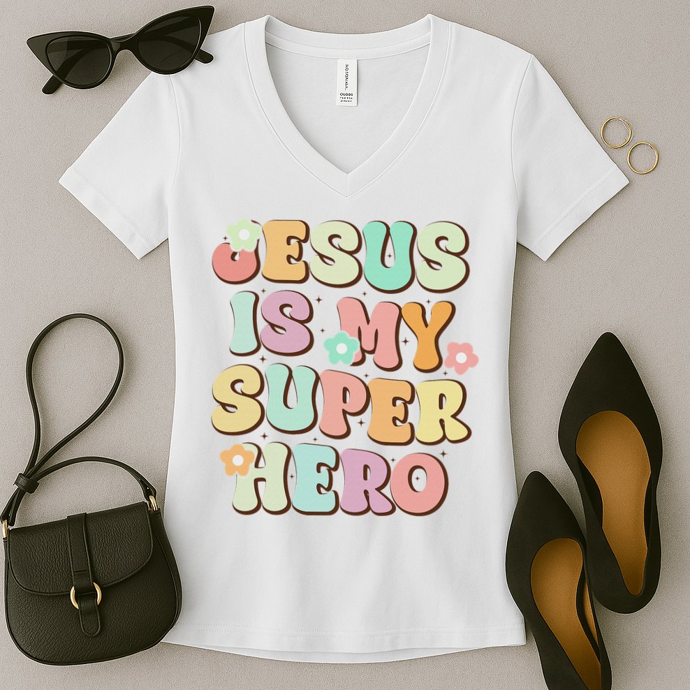 Jesus Is My Superhero Christian Religious Women's V-Neck T-Shirt