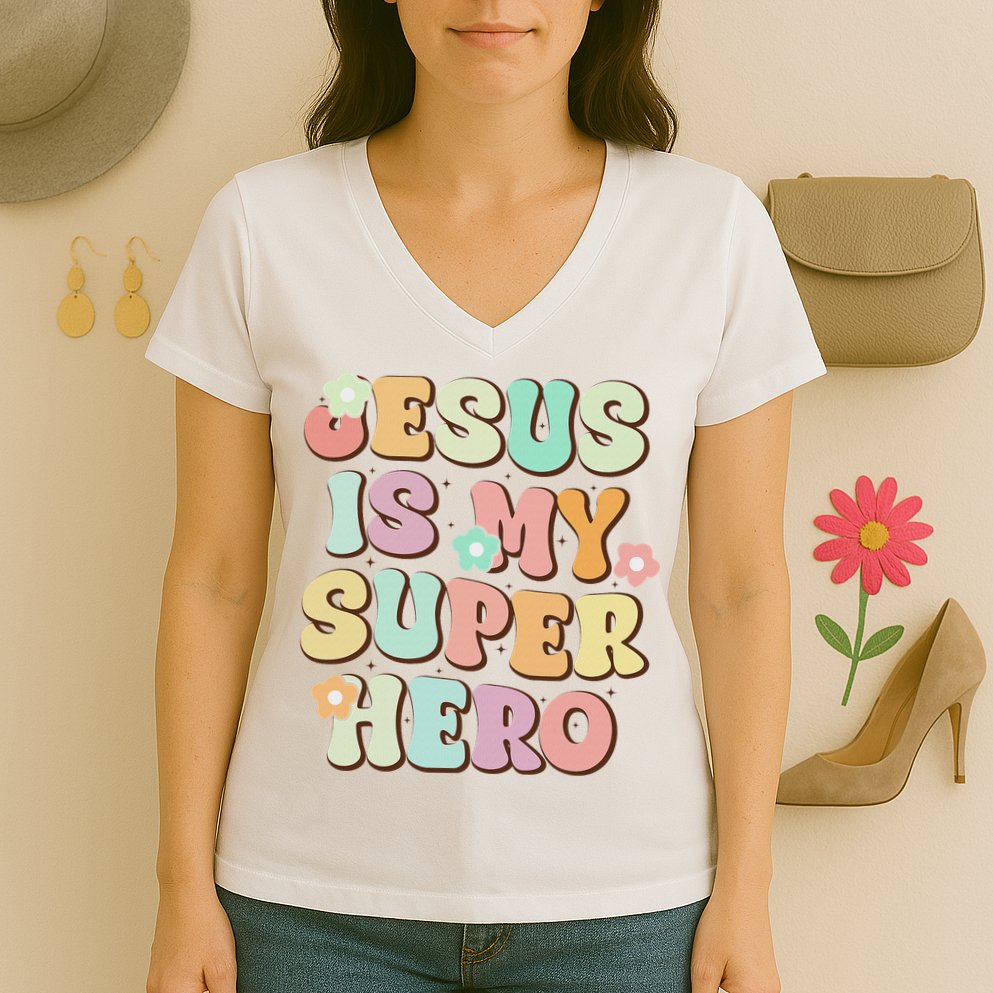 Jesus Is My Superhero Christian Religious Women's V-Neck T-Shirt