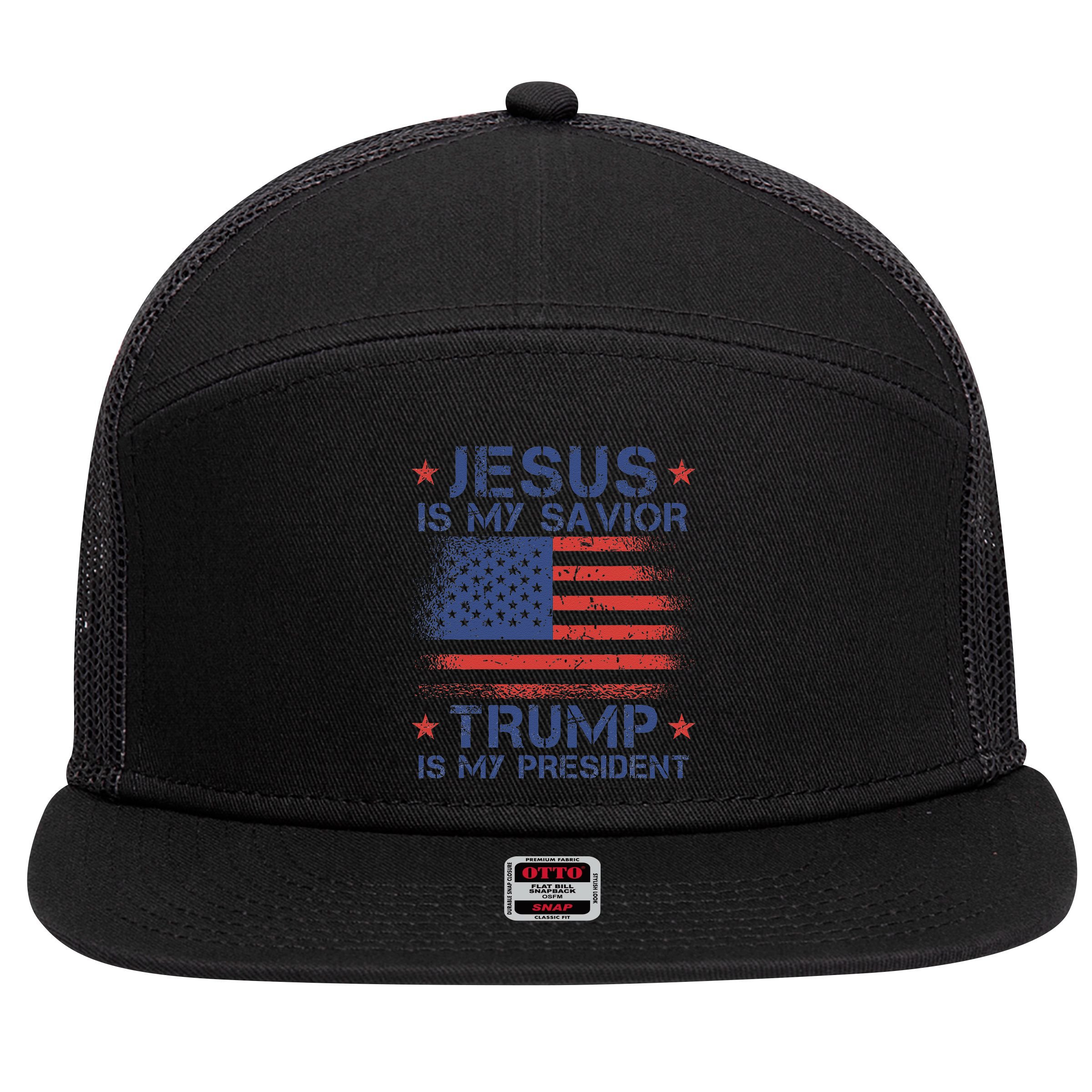 Jesus Is My Savior Trump Is My President Retro Us Flag 7 Panel Mesh Trucker Snapback Hat