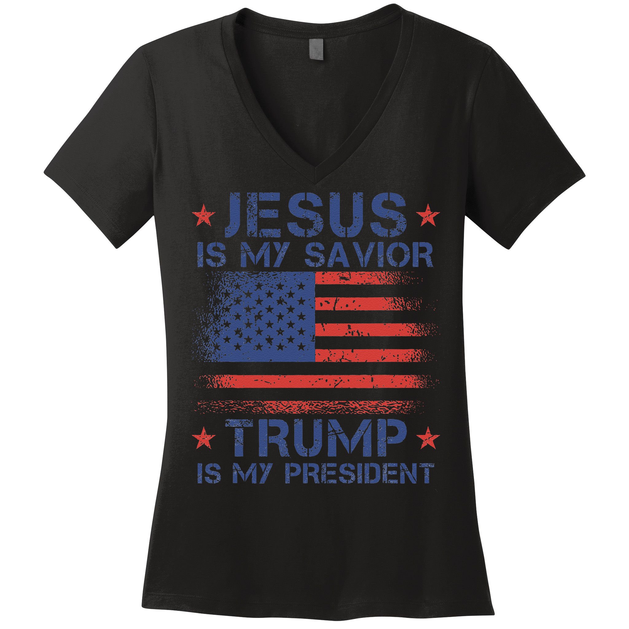 Jesus Is My Savior Trump Is My President Retro Us Flag Women's V-Neck T-Shirt