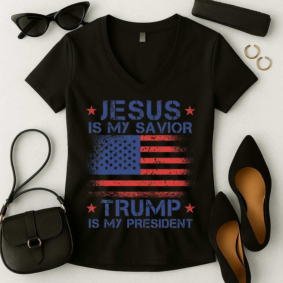 Jesus Is My Savior Trump Is My President Retro Us Flag Women's V-Neck T-Shirt