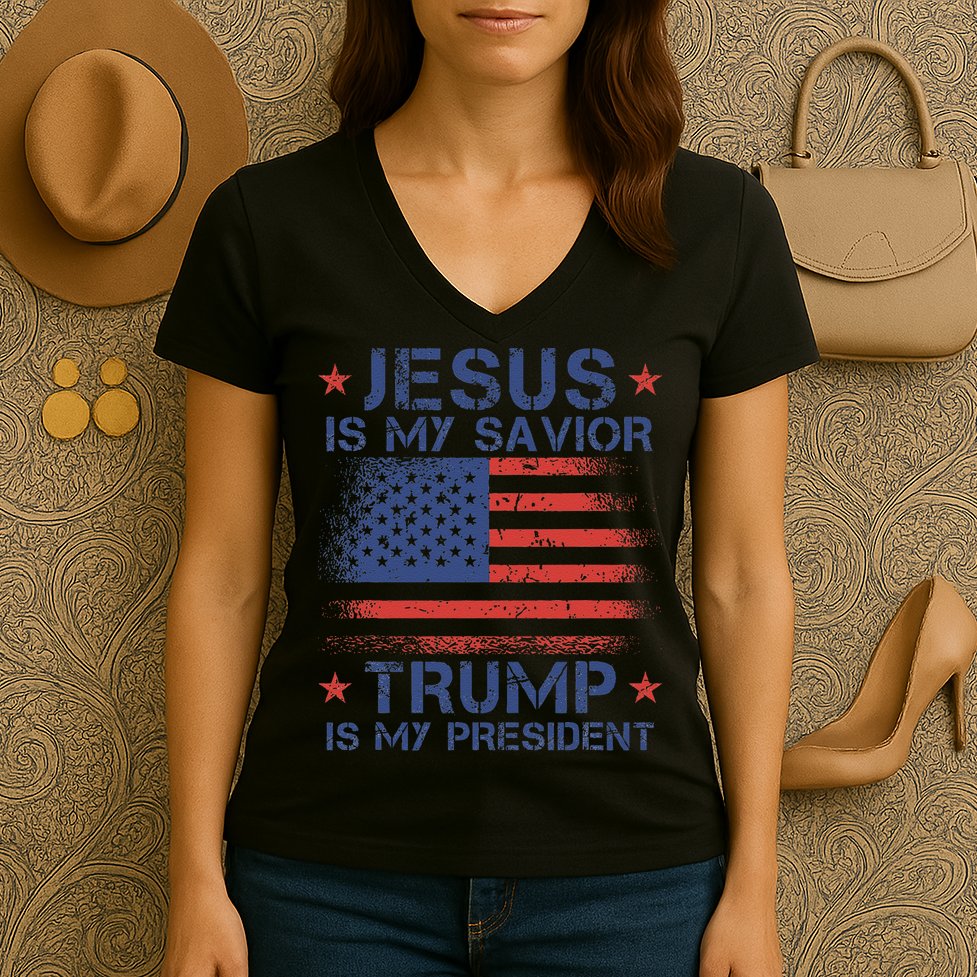 Jesus Is My Savior Trump Is My President Retro Us Flag Women's V-Neck T-Shirt