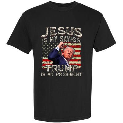 Jesus Is My Savior Trump Is My President American Flag Garment-Dyed Heavyweight T-Shirt