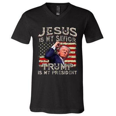 Jesus Is My Savior Trump Is My President American Flag V-Neck T-Shirt