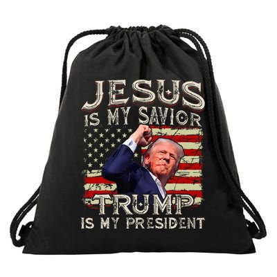Jesus Is My Savior Trump Is My President American Flag Drawstring Bag