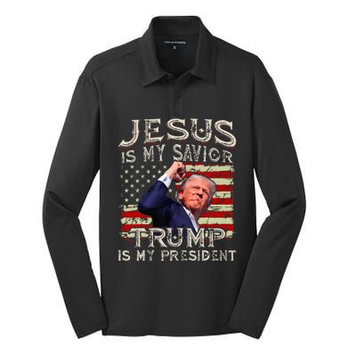 Jesus Is My Savior Trump Is My President American Flag Silk Touch Performance Long Sleeve Polo