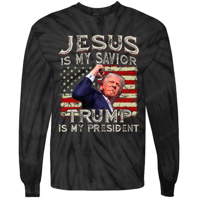 Jesus Is My Savior Trump Is My President American Flag Tie-Dye Long Sleeve Shirt