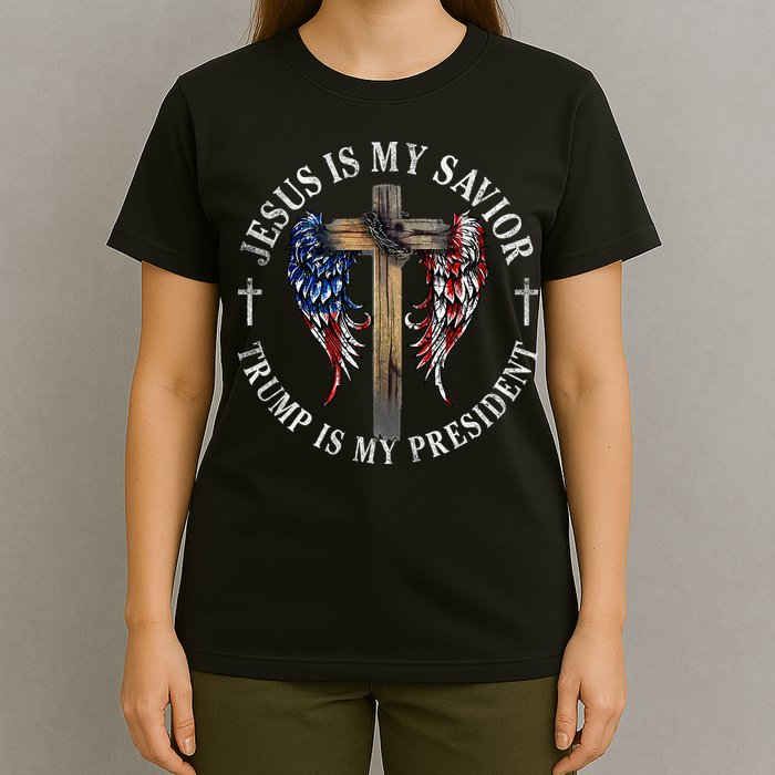 Jesus Is My Savior Trump Is My President 2024 Usa Flag Cross T-Shirt