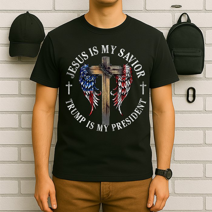 Jesus Is My Savior Trump Is My President 2024 Usa Flag Cross T-Shirt