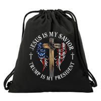 Jesus Is My Savior Trump Is My President 2024 Usa Flag Cross Drawstring Bag