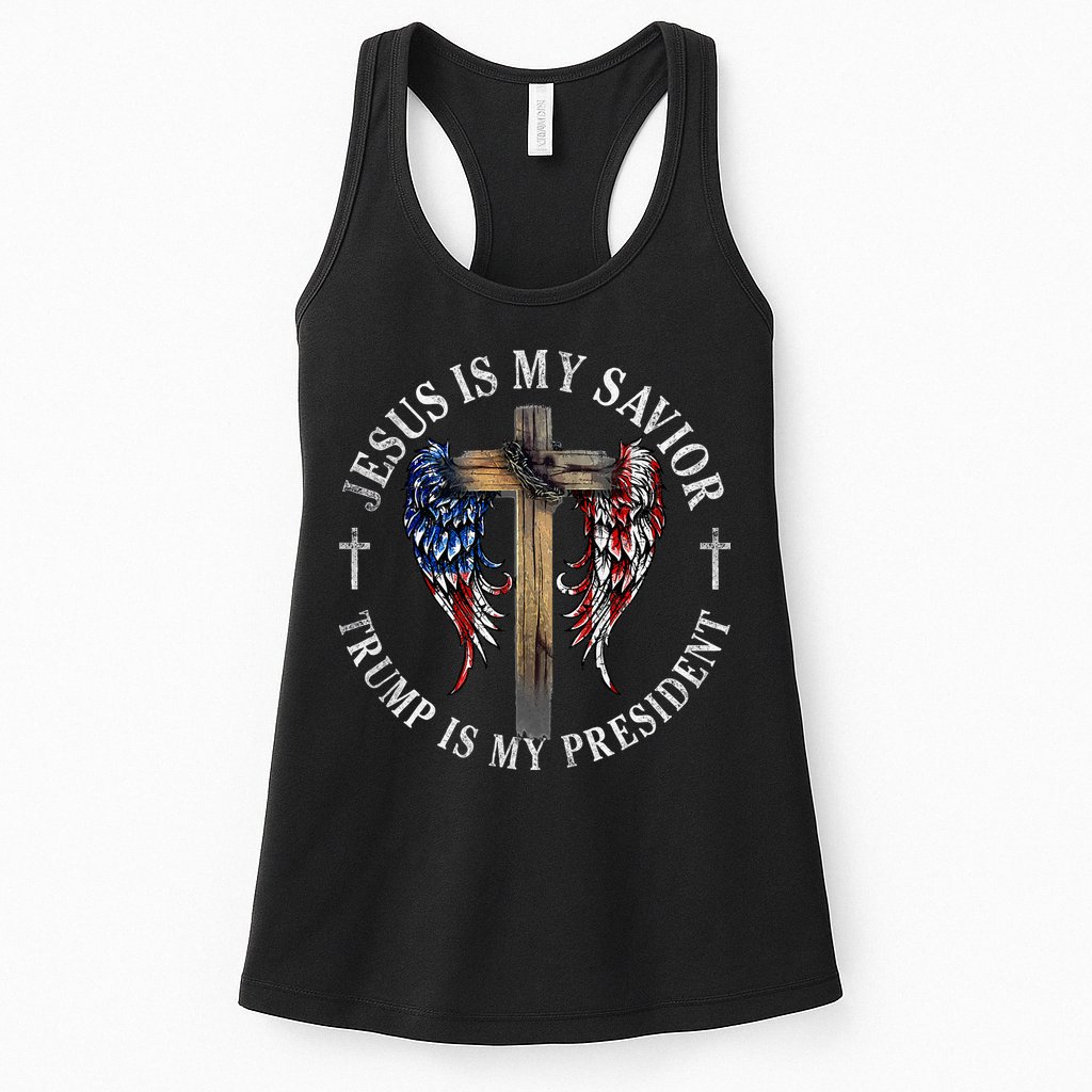 Jesus Is My Savior Trump Is My President 2024 Usa Flag Cross Womens Tank Top