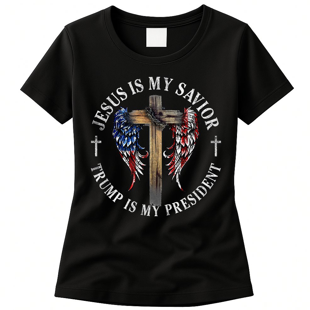 Jesus Is My Savior Trump Is My President 2024 Usa Flag Cross Womens T-Shirt
