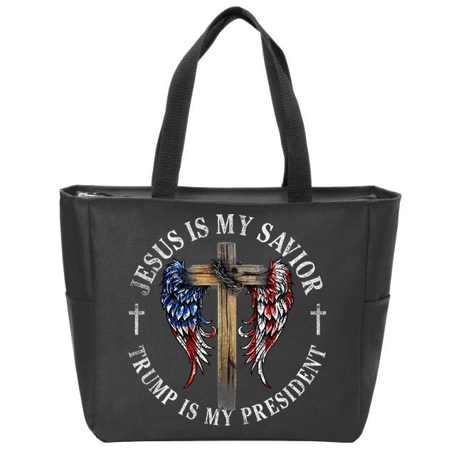 Jesus Is My Savior Trump Is My President 2024 Usa Flag Cross Zip Tote Bag