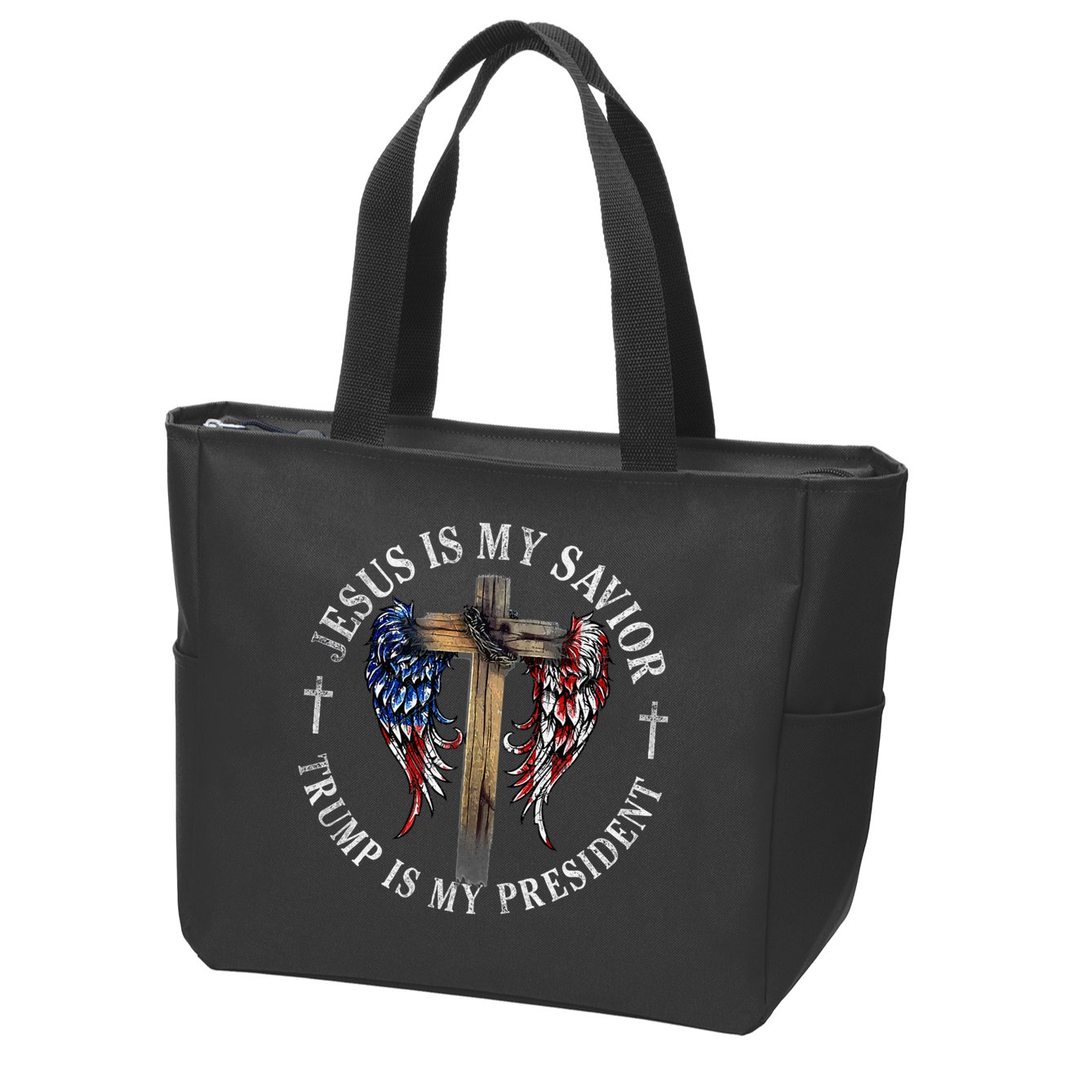 Jesus Is My Savior Trump Is My President 2024 Usa Flag Cross Zip Tote Bag