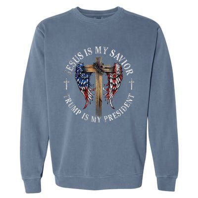 Jesus Is My Savior Trump Is My President 2024 Usa Flag Cross Garment-Dyed Sweatshirt