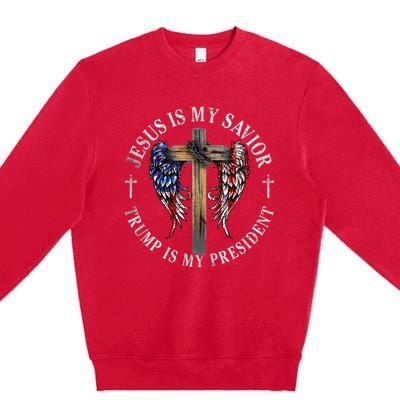 Jesus Is My Savior Trump Is My President 2024 Usa Flag Cross Premium Crewneck Sweatshirt